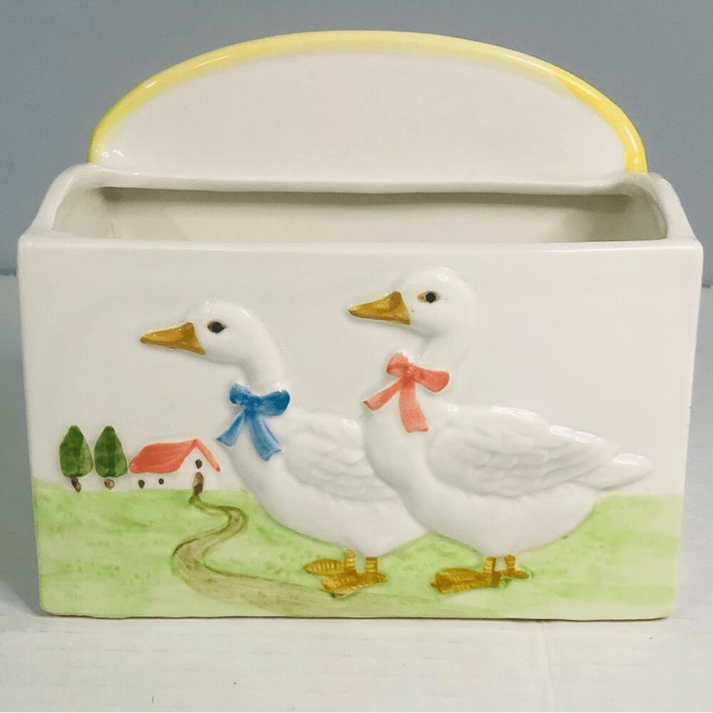 vtg otagiri geese goose pen paper holder organizer farmhouse cottage core ribbon
